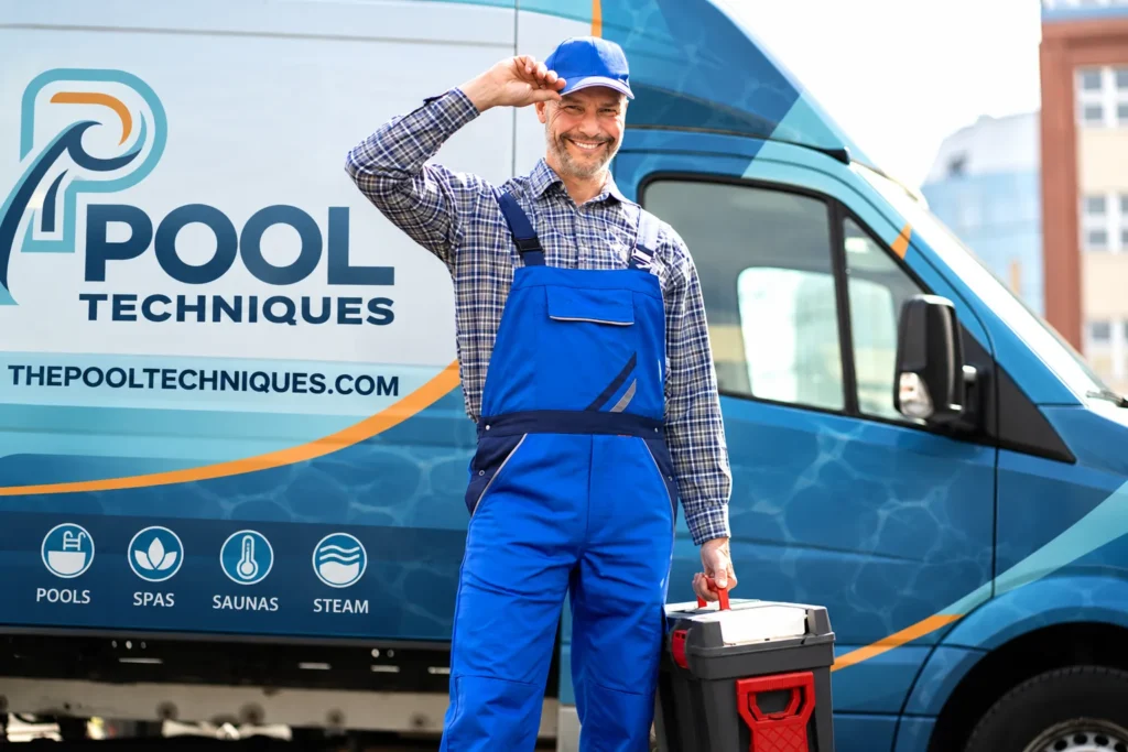 Pool Techniques technician with toolbox beside the company service van – pool service and repair, hot tubs, spas and saunas on Long Island